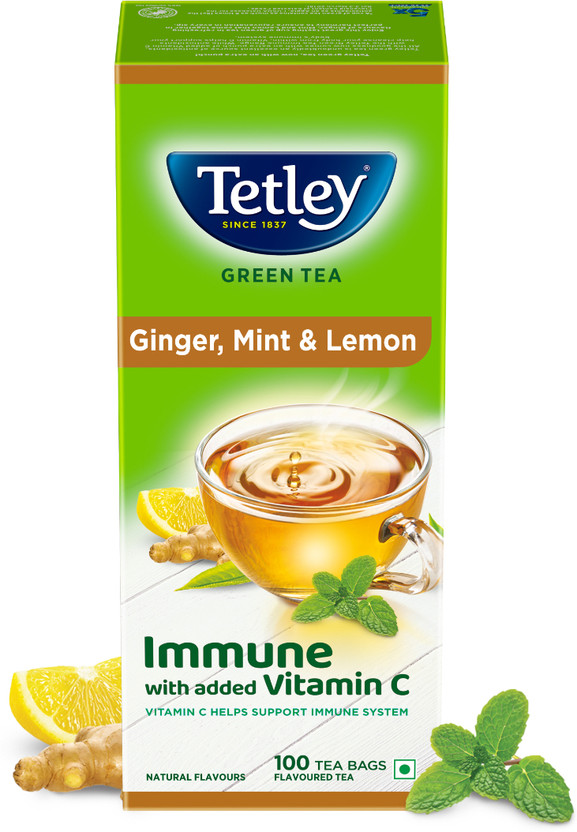 Tetley Immune with Added Vitamin C Ginger, Mint, Lemon Green Tea Bags Box(100 Bags)