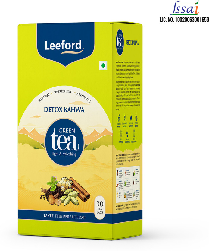 Leeford Detox Kahwa Green Tea|Spiced Herbal Blend for Digestion & Cleanse|30 Tea Bags Infusion Tea Bags Box(30 Bags)