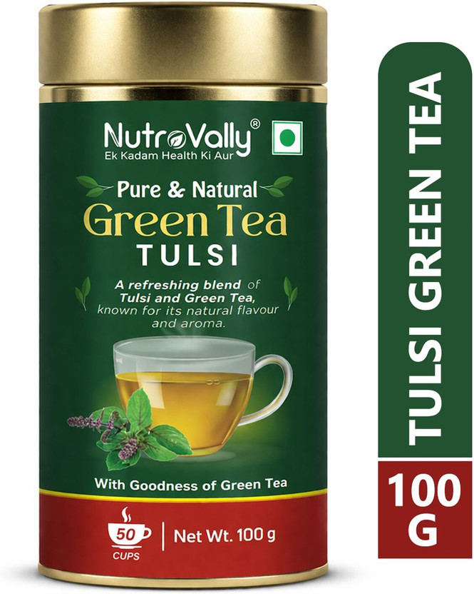 NutroVally Green Tea with Tulsi for weight loss Loaded with Anti-Oxidants & 100% Natural Tulsi Green Tea Tin(100 g)