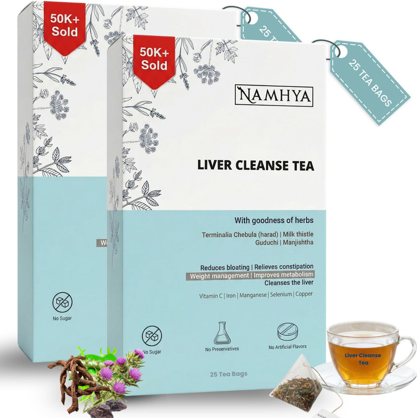 NAMHYA FOODS Namhya Liver Cleanse Tea with Harad & Milk Thistle - Pack of 2 (50 tea bags) Unflavoured Herbal Tea Pouch(2 x 100 g)