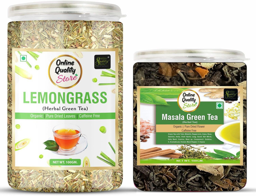 Online Quality Store Combo of Organic Masala Green Tea- 100g and Lemongrass Herbal Green Tea- 100g | Green Tea Plastic Bottle(2 x 100 g)