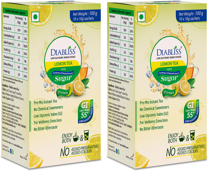 DiaBliss Low GI Instant Lemon Tea Premix Globally Trusted 17-Herb Blend Refreshing Taste Lemon Herbal Infusion Tea Box(2 x 100 g)