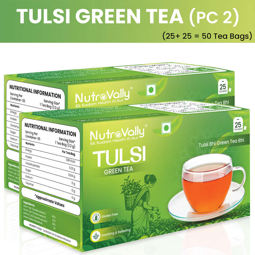 NutroVally Green Tea Tulsi for Weight Loss | Immunity Booster Loaded with Anti-Oxidants Tulsi Green Tea Bags Box(2 x 25 Bags)