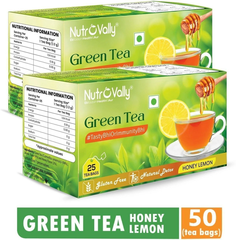NutroVally Honey for weight loss with Premium tea leaves Honey, Lemon Green Tea Bags Box(2 x 25 Bags)