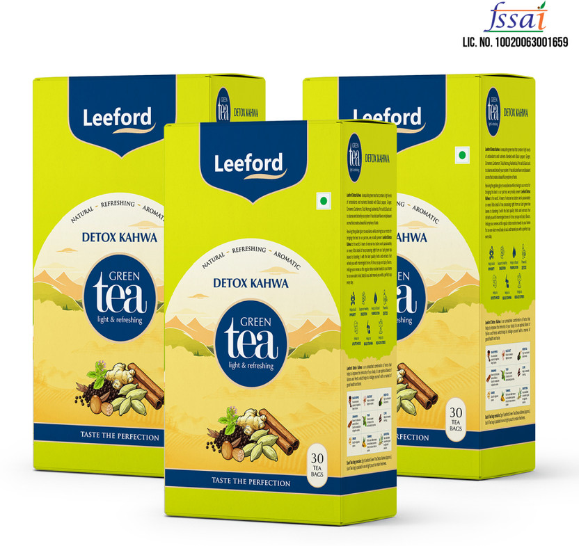 Leeford Detox Kahwa Green Tea | Spiced Herbal Blend for Digestion & Cleanse | 30 Tea Infusion Tea Bags Box(3 x 30 Bags)