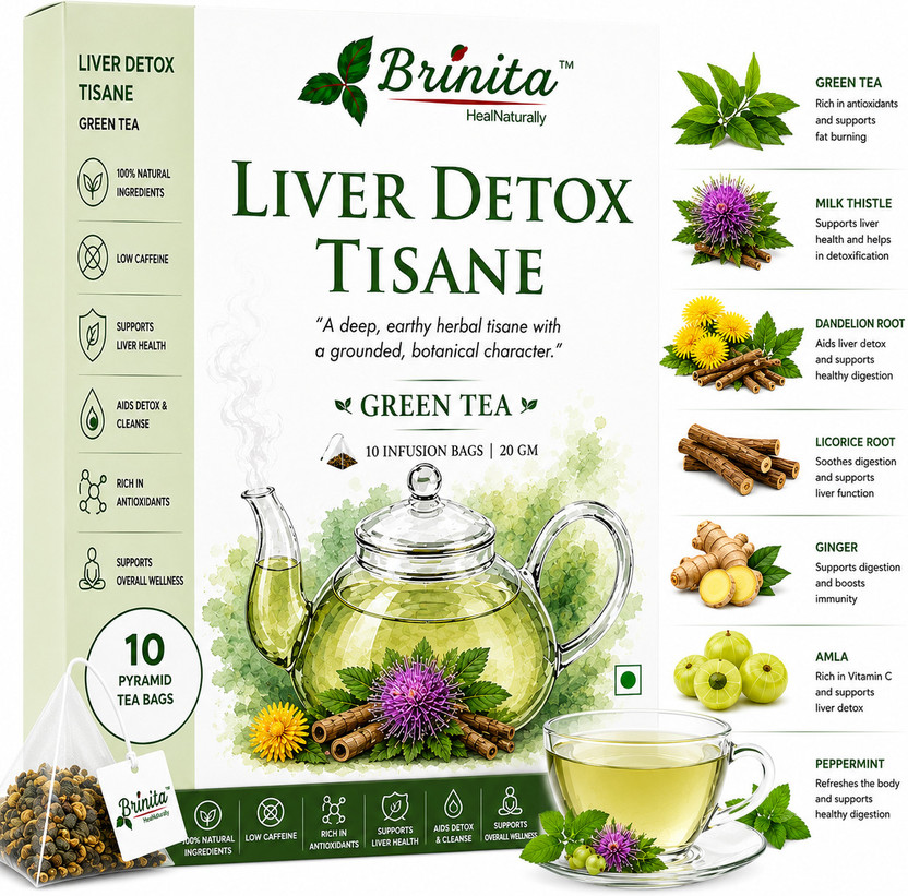 Brinita Brinita Liver Detox Tisane | Liver Cleanse, Blood Purification & Immunity Liquorice, Ginger, Black Pepper, Amla, Mint Herbal Tea Bags Box(10 Sachets) - Flipkart Deal