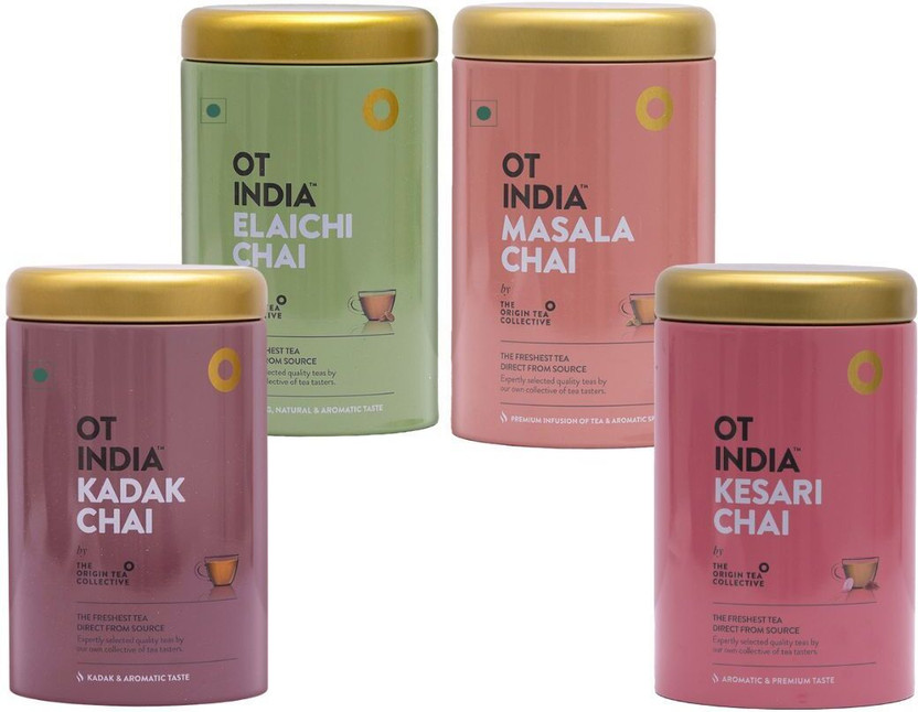 OT INDIA Chai Tins Combo - Kadak, Kesari, Elaichi & Masala Chai Tins (170gm x Pack of 4) Cardamom, Saffron, Spices, Plain Tea Tin(4 x 170 g)
