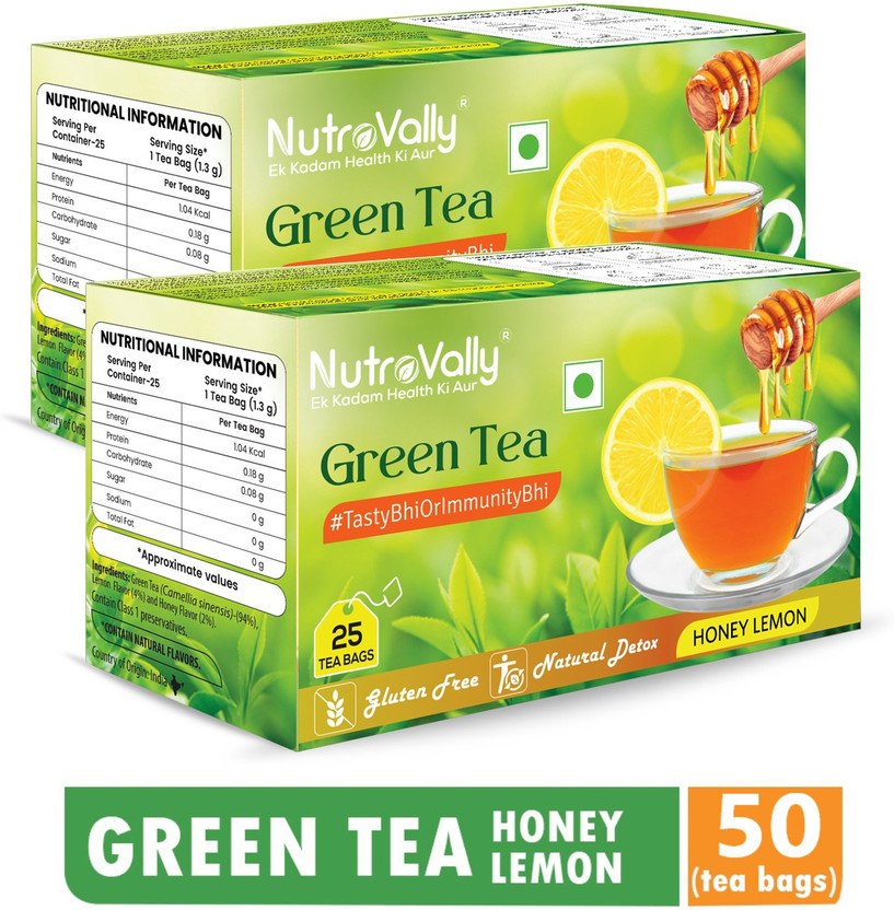 NutroVally Honey for weight loss with Premium tea leaves Honey, Lemon Green Tea Bags Box(2 x 25 Bags)