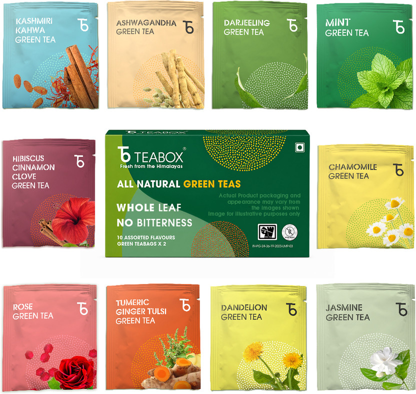 Teabox Teabox Whole Leaf Assorted Green Tea Bags,10 Flavors x 2 Each Kashmiri Kahwa, Tulsi, Jasmine, Turmeric, Ginger, Mint, Hibiscus, Rose, Chamomile, Ashwagandha Green Tea Bags Box(20 Bags) - Flipkart Deal