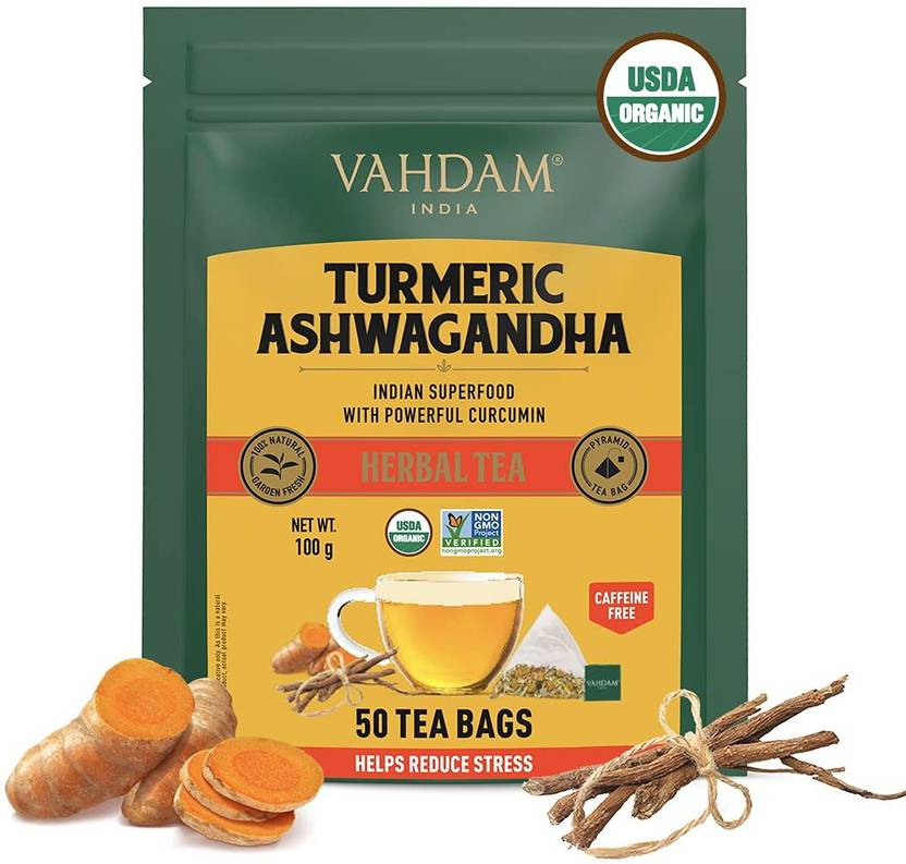 Vahdam Turmeric Ashwagandha Herbal Tea 50 Tea Bags of Immunity Tea