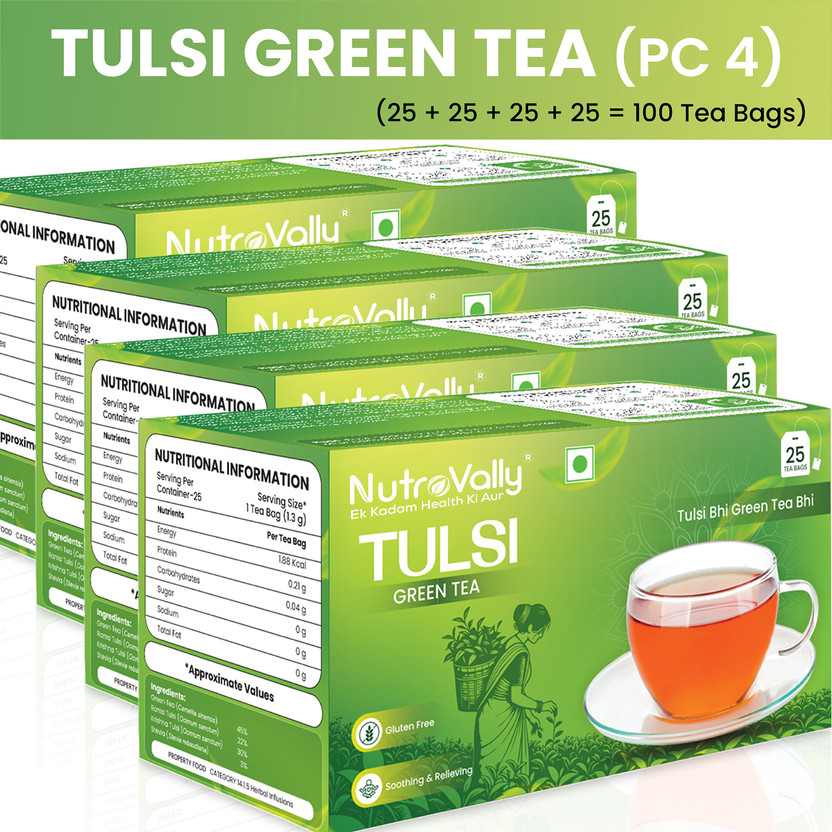 NutroVally Tulsi Green Tea for Weight Loss | Anti-Oxidants Rich Immunity Booster Tulsi Green Tea Bags Box(4 x 25 Bags)