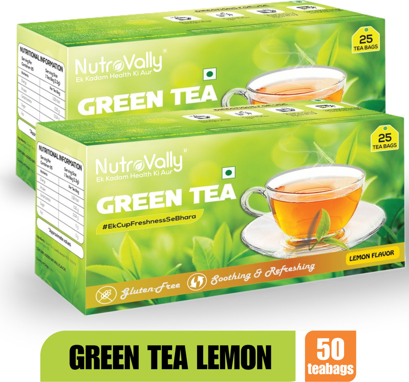 NutroVally green tea for weight loss & Build Immunity | Premium tea leaves with Active Ingredients Lemon Green Tea Lemon Green Tea Bags Box(2 x 25 Bags)