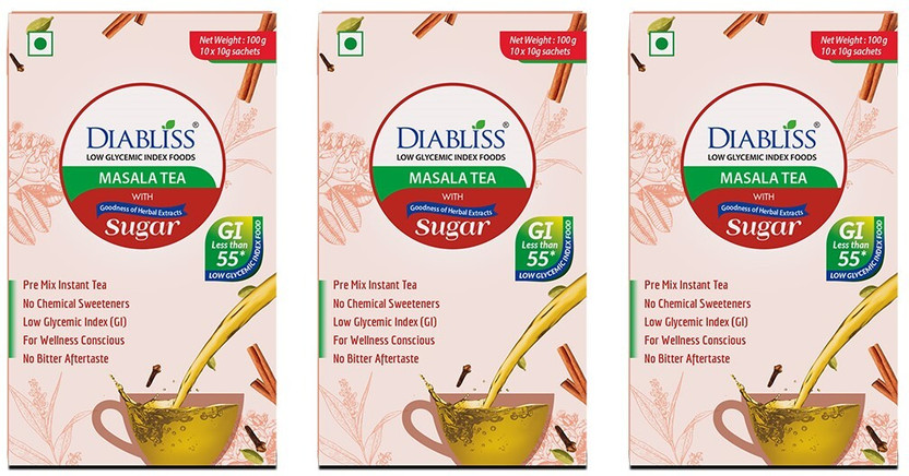 DiaBliss Low GI Masala Tea Instant Premix Globally Trusted 17 Herb Blend Rich Aroma Spices Herbal Infusion Tea Box(3 x 100 g)