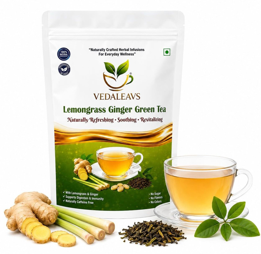 VEDALEAVS Lemongrass Ginger Green Tea | Herbal Blend for Digestion & Immunity Lemon Grass Herbal Infusion Tea Bags Pouch(100 g)