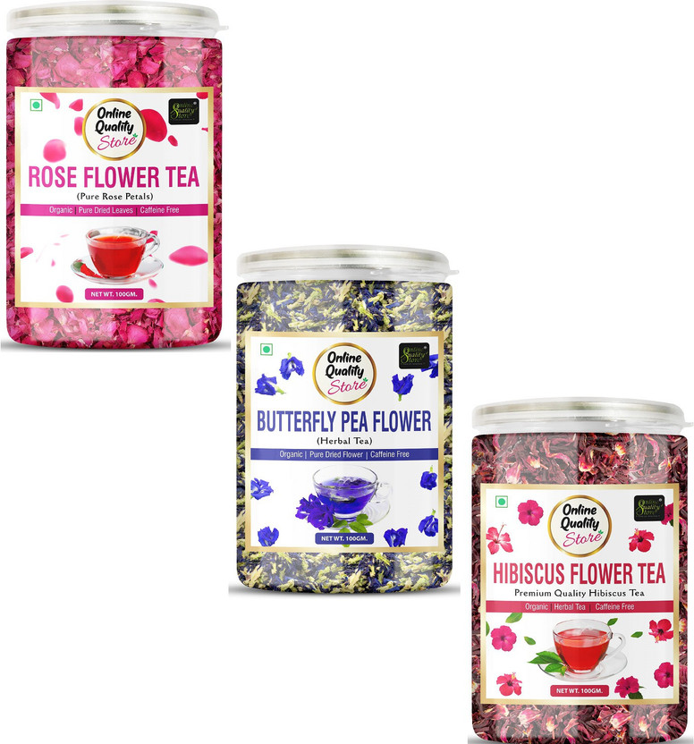 Online Quality Store Hibiscus Flower Tea, Butterfly Pea Flower Tea, Rose Flower Tea Combo-100g Each| Herbal Tea Plastic Bottle(3 x 100 g)
