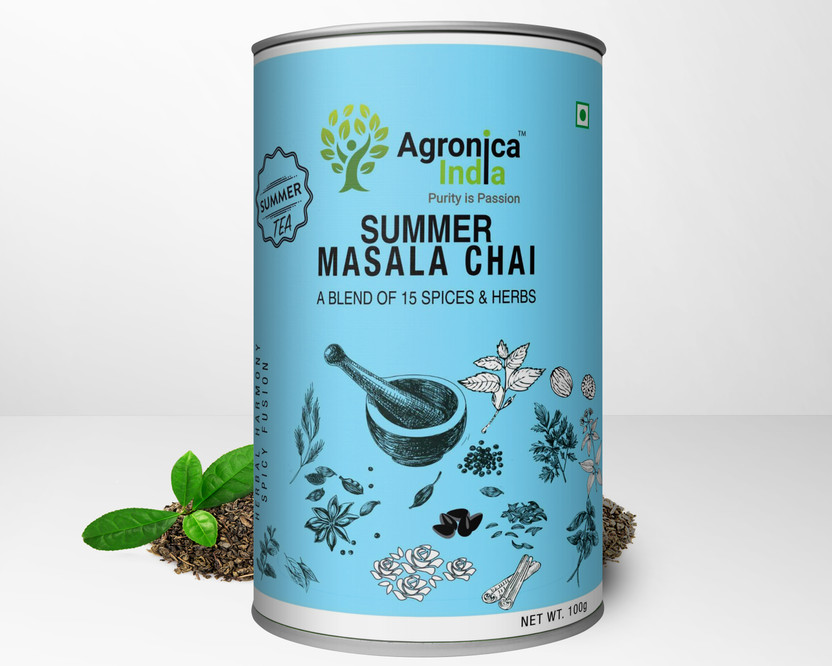 Agronica India SUMMER MASALA CHAI-15 SPICES & HERBS Cardamom, Cardamom Masala Tea Tin(100 g)