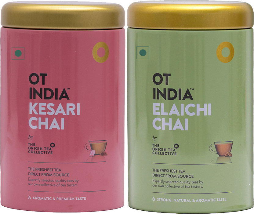 OT INDIA Kesari Chai & Elaichi Chai Tins - Saffron Tea & Cardamom Tea (Pack of 2 x 170g) Cardamom, Saffron Tea Tin(2 x 170 g)