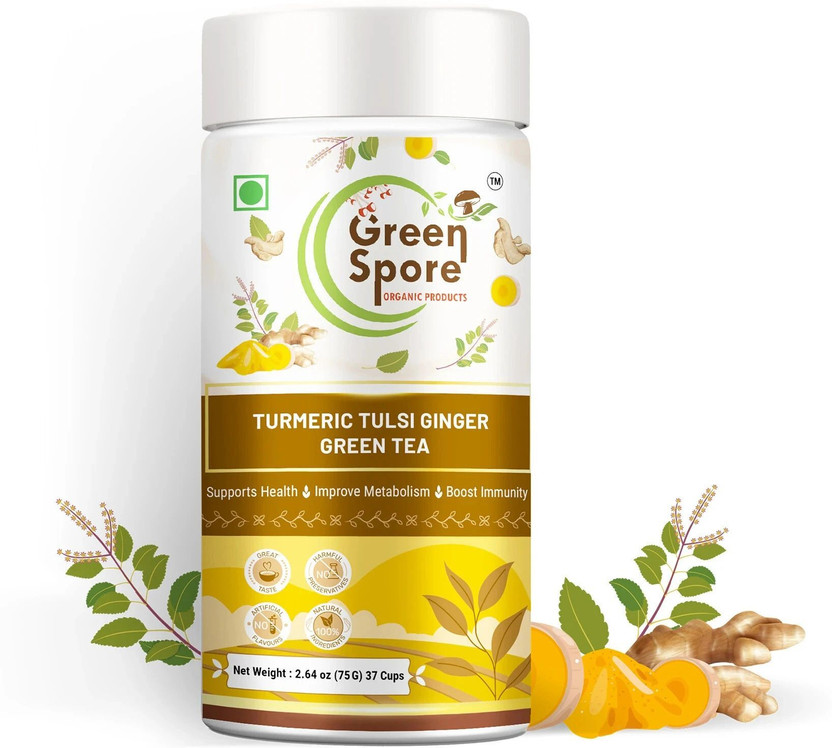 Green Spore Turmeric Tulsi Ginger Green Tea|Boost Immunity & Balance Body weight|Whole Leaf Turmeric, Tulsi Green Tea Tin(75 g)