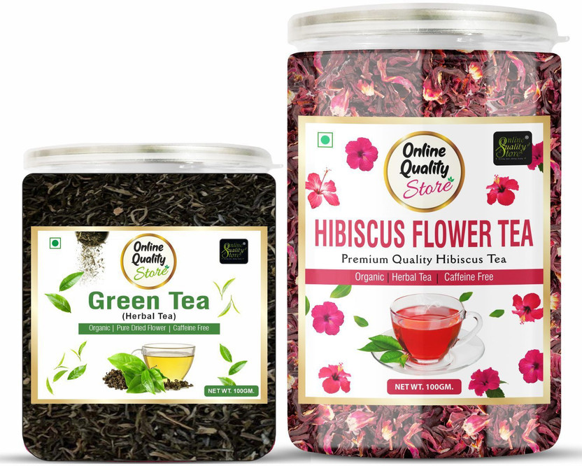 Online Quality Store Combo Pack of Organic Green Tea - 100g, Hibiscus Flower Tea - 100g| Green Tea Plastic Bottle(2 x 100 g)