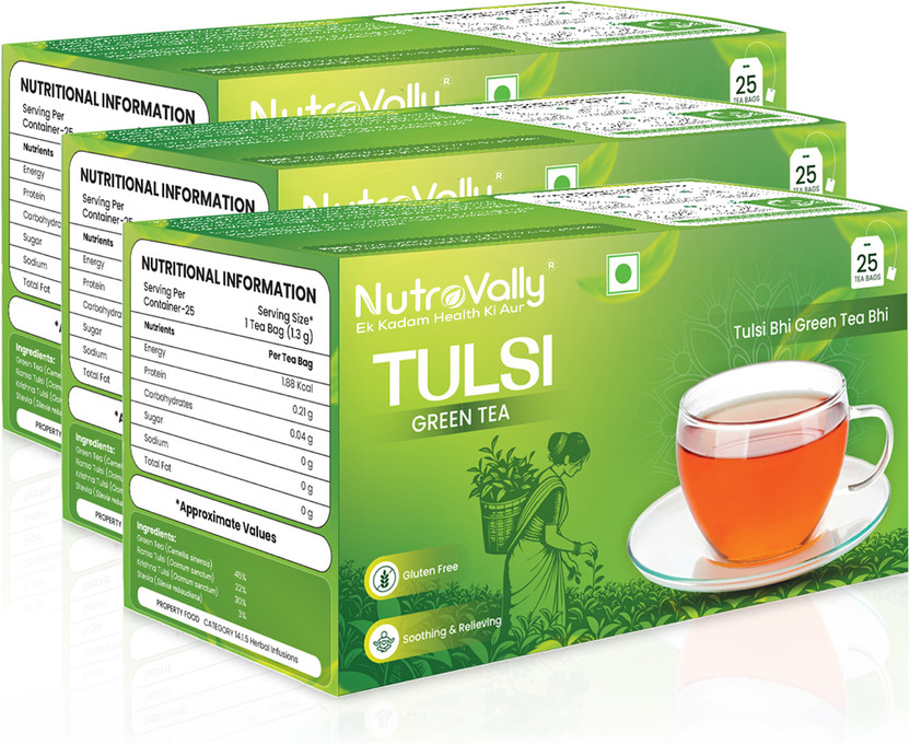 NutroVally Green Tea Tulsi for Weight Loss | Anti-Oxidants Rich Immunity Booster Tulsi Green Tea Bags Box(3 x 25 Bags)