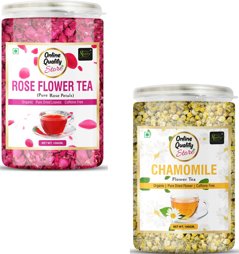 Online Quality Store Organic Rose Flower Tea, Chamomile Flower Tea Combo - 100g Each Pack | Chamomile, Rose Herbal Tea Plastic Bottle(2 x 100 g)