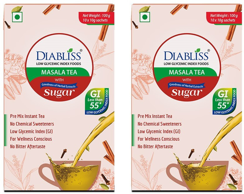 DiaBliss Low GI Masala Tea Instant Premix Globally Trusted 17 Herb Blend Rich Aroma Spices Herbal Infusion Tea Box(2 x 100 g)