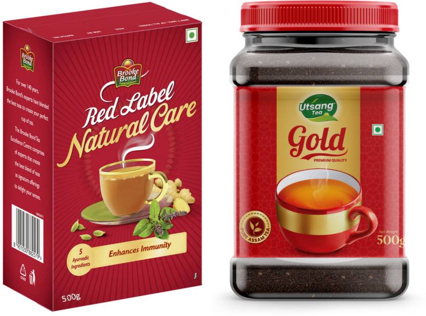 Red Label Natural Care Tea 500g Box & Utsang Gold Assam Leaf Tea Jar