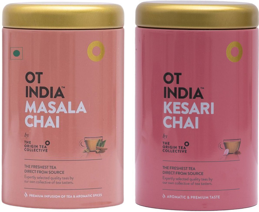 OT INDIA Masala Chai & Kesari Chai Tins - Premium Spices Tea & Saffron Tea (Pack of 2) Spices, Saffron, Cardamom, Cinnamon Tea Tin(2 x 170 g)