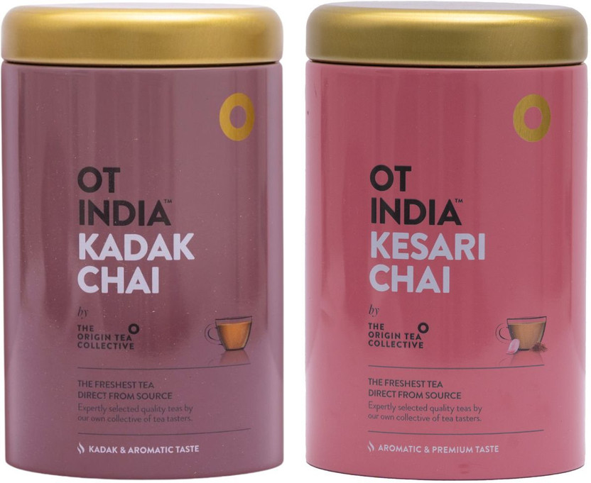OT INDIA Kadak Chai Tin, Kesari Chai Tin - Strong Tea, Saffron Tea (Pack of 2) Plain, Saffron Tea Tin(2 x 170 g)