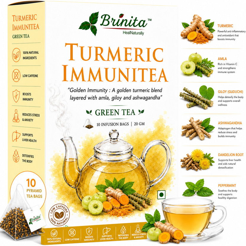Brinita Turmeric ImmuniTea|Immunity Booster, Anti-Inflammatory & Antioxidant Turmeric Green Tea Bags Box(10 Sachets)