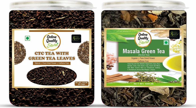 Online Quality Store Combo of CTC Tea With Green Tea Leaves - 200g, Organic Masala Green Tea - 100g| Green Tea Plastic Bottle(2 x 150 g)