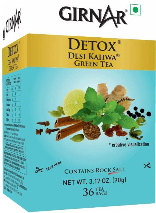 Girnar Food Beverages Detox Green Tea Desi Kahwa Cardamom, Ginger, Cinnamon Green Tea Bags Box(90 g)