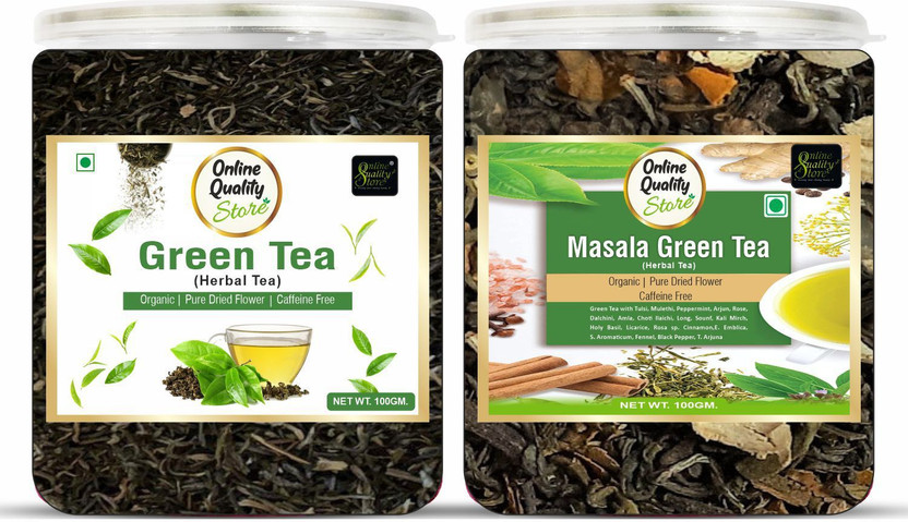 Online Quality Store Combo Pack of Organic Masala Green Tea - 100g and Green Tea Leaves- 100g Green Tea Plastic Bottle(2 x 100 g)