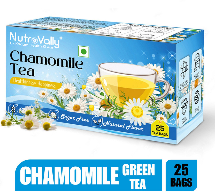 NutroVally Chamomile Tea for Stress Relief | 100% Better Sleep & Relaxing Herbal Tea Leaves Chamomile Green Tea Bags Box(25 Bags)