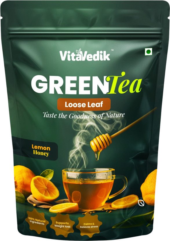 VitaVedik Honey & Lemon Green Tea Loose Leaf for Weight Loss | 100% Natural & Refreshing Green Tea Pouch(50 g)