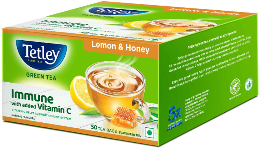 Tetley Lemon & Honey Flavored Green Tea, Immune with Added Vitamin C Green Tea Box(50 Bags)