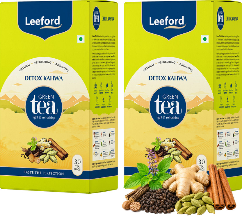 Leeford Detox Kahwa Green Tea | Spiced Herbal Blend for Digestion & Cleanse | 30 Tea Infusion Tea Bags Box(2 x 30 Bags)