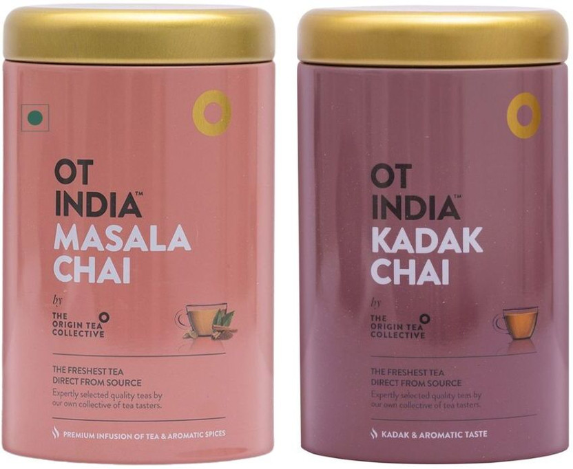 OT INDIA Masala Chai & Kadak Chai Tins - Premium Mix of 7 Spices, Strong Tea (Pack of 2) Spices, Plain Tea Tin(2 x 170 g)