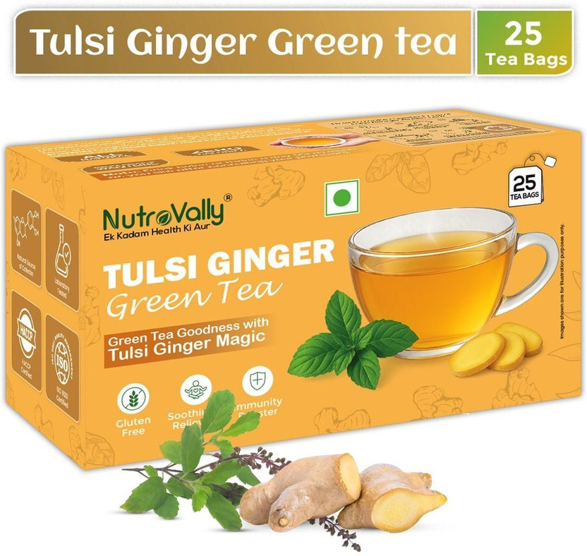 NutroVally Tulsi Ginger Green Tea for Weight Loss Immunity Booster with Anti-Oxidants Tulsi, Ginger, Lemon Grass, Mulethi Green Tea Bags Box(25 Bags)