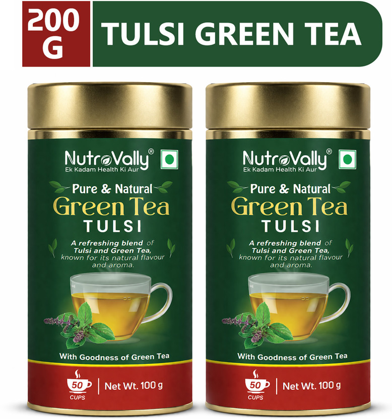 NutroVally Green Tea with Tulsi for weight loss Loaded with Anti-Oxidants Tulsi Green Tea Tin(2 x 100 g)