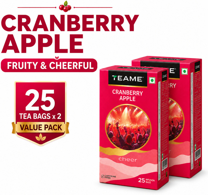 TE-A-ME Cranberry Apple Tea - 50 Tea Bags | Fruit Tea | 100% Caffeine Free | Cranberry, Apple Infusion Tea Bags Box(2 x 25 Bags)