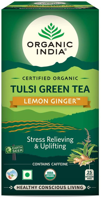 ORGANIC INDIA infusion Lemon Grass, Ginger, Tulsi Green Tea Bags Box(25 Bags)