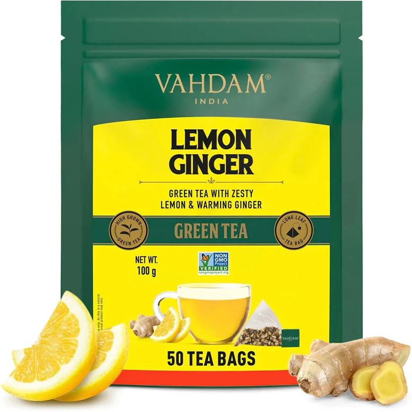 Vahdam Organic Lemon, Ginger Green Tea Bags Box(50 Bags)