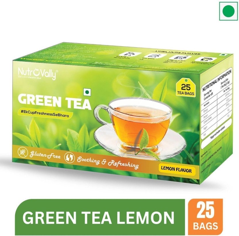 NutroVally Green Tea Lemon for Weight Loss|Immunity & Metabolism Booster Premium Leaves Lemon Green Tea Bags Box(25 Bags)