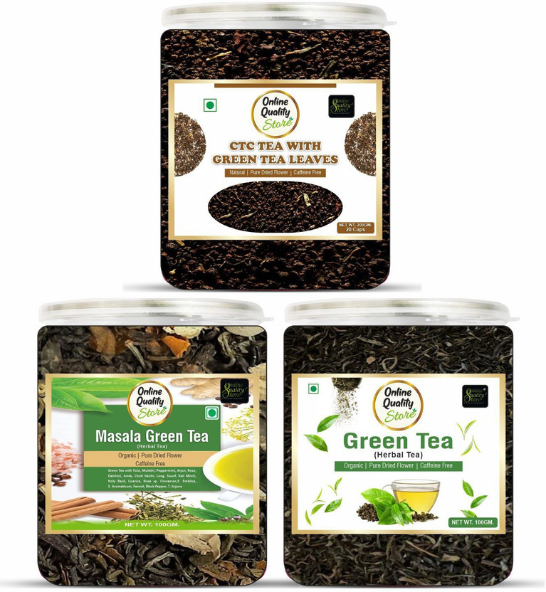 Online Quality Store Combo Pack of Organic Masala Green Tea - 100g, Green Tea- 100g, CTC Tea -200g | Green Tea Plastic Bottle(3 x 133.33 g)