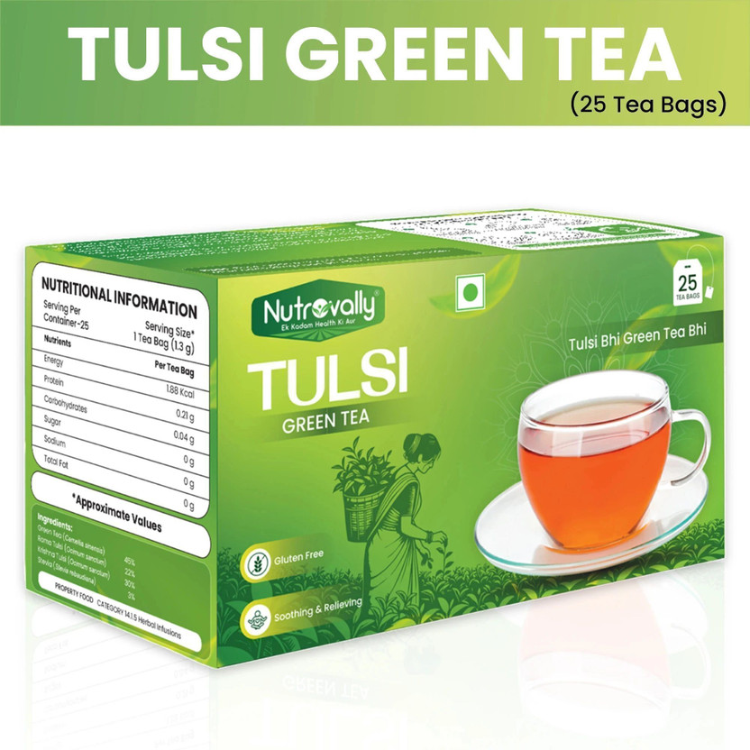 NutroVally Green Tea with Tulsi for Weight Loss| Immunity Booster Loaded with Anti-Oxidants Tulsi Green Tea Bags Box(25 Sachets)