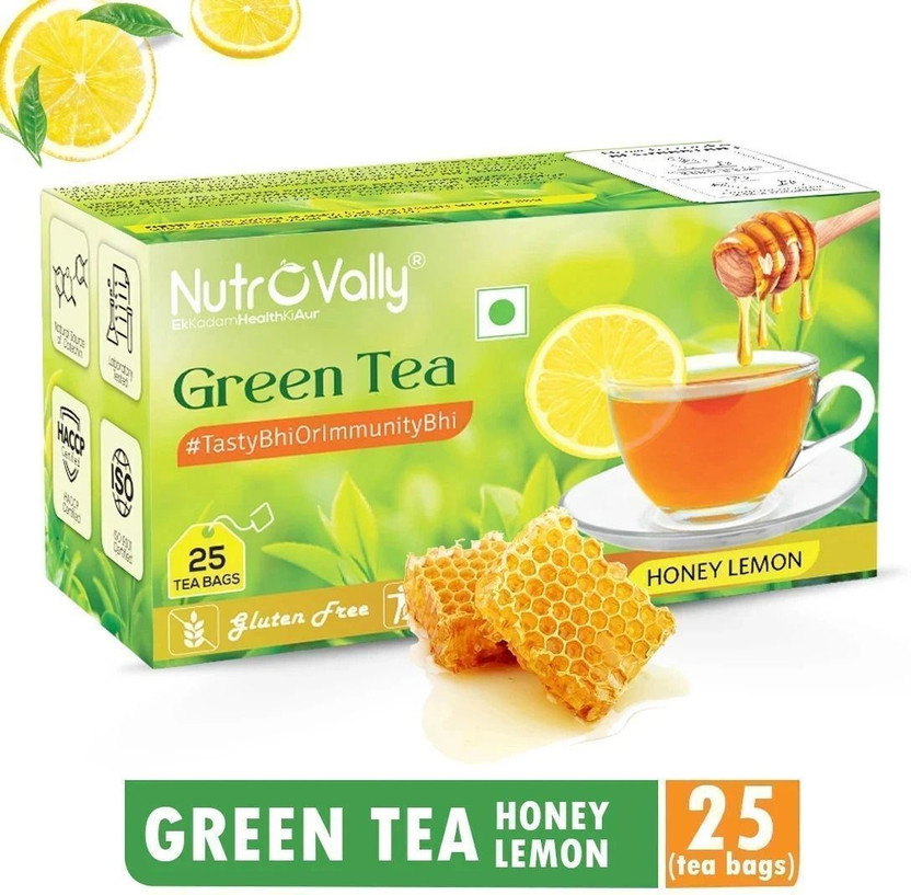 NutroVally Green Tea for weight loss with premium leaves | Vitamin C rich Honey, Lemon Green Tea Bags Box(25 Bags)