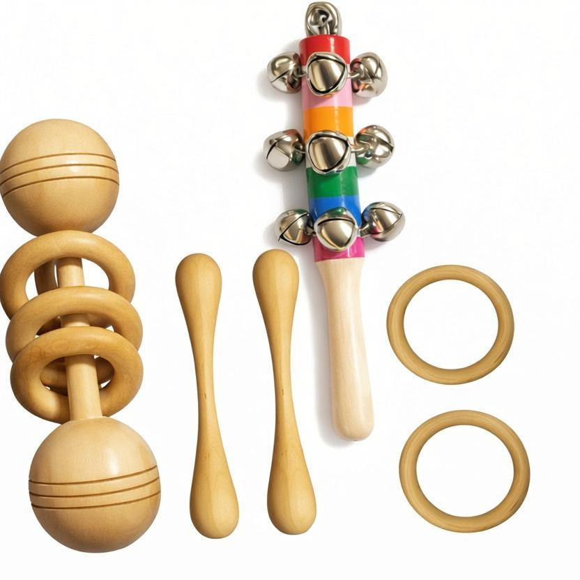Pankhudi Craft Neem Wooden Rattle and Teether Set, Organic Rattle , 100% Natural Wooden Rattle(Multicolor)