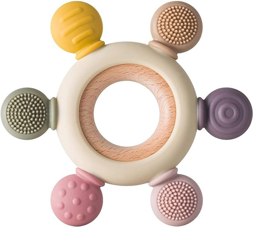 Sonal Silicone & Wooden Baby Teether for 3+ Months, BPA Free Soft Teething Toy Teether(Multicolor)