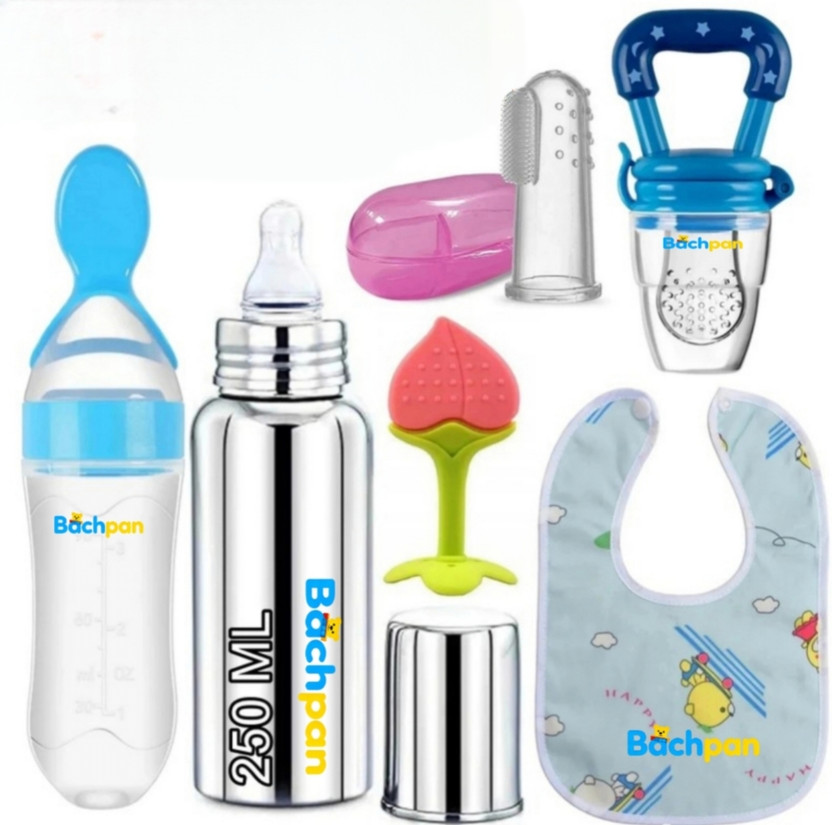 Bachpan Baby Feeding Combo Kit | Stainless Steel Bottle, Spoon, Teether, Bib Set Teether and Feeder(Multicolor)